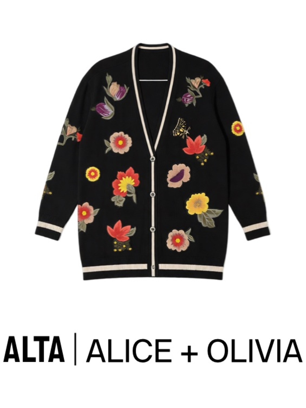 Alice + Olivia Black Floral Embroidered Button-Front Cardigan
